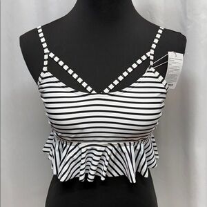 COCOSHIP Black and White Striped Bikini Top. Beach Summer Vacation Ruffle